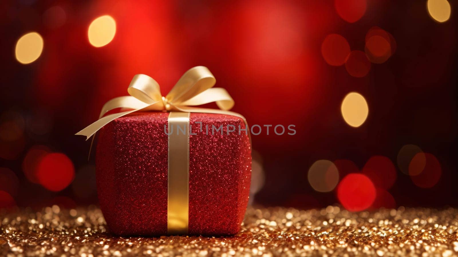 Red box, gift with gold bow around gold confetti dust, bokeh effect in the background.Valentine's Day banner with space for your own content. Heart as a symbol of affection and love.