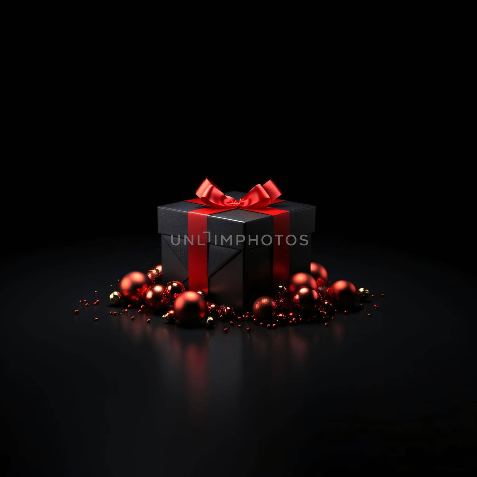 Black gift box with decorations with red bow, red baubles scattered around, black background.Valentine's Day banner with space for your own content. Heart as a symbol of affection and love.