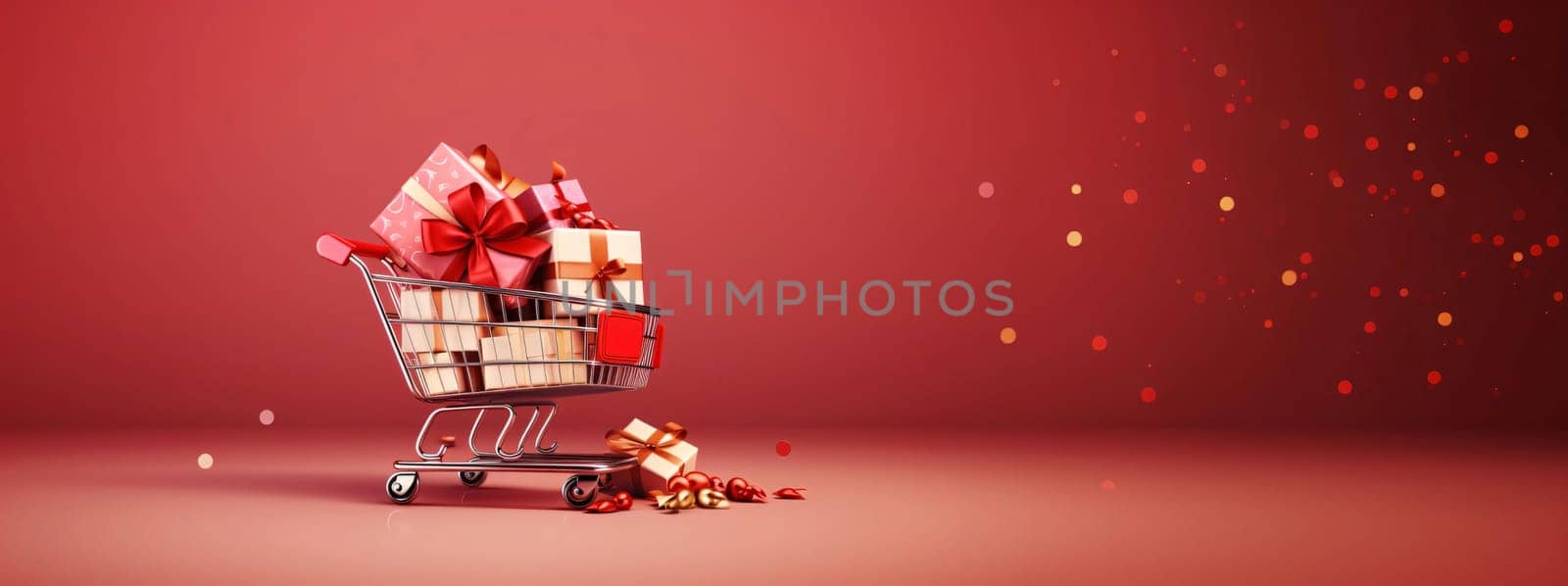 Store cart full of gifts, all around red background with fine gold dust.Valentine's Day banner with space for your own content. Heart as a symbol of affection and love.