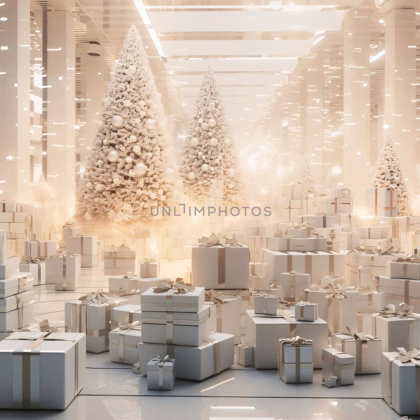 White gifts with bows unclear, white cone Christmas trees.Valentine's Day banner with space for your own content. Heart as a symbol of affection and love.