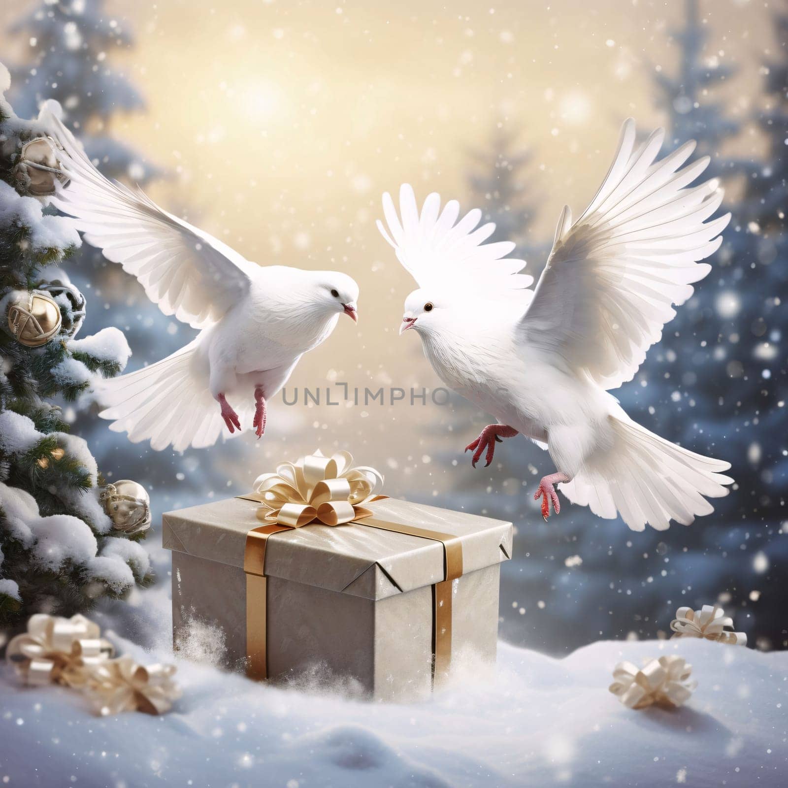 Two doves in flight over a gift around a Christmas tree falling snow.Valentine's Day banner with space for your own content. Heart as a symbol of affection and love.