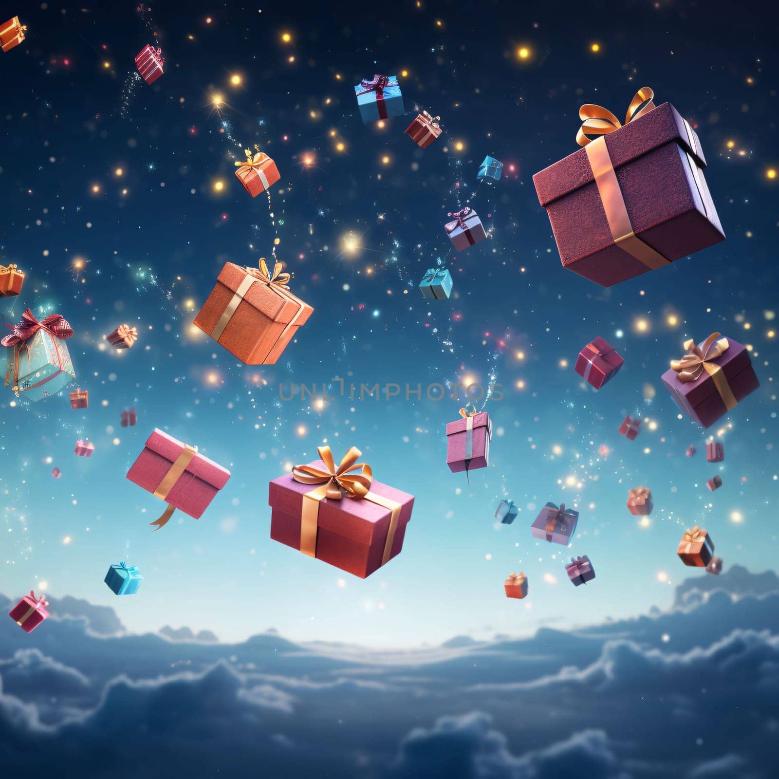 Flying gifts in the sky with go-kart stars, dust.Valentine's Day banner with space for your own content. Heart as a symbol of affection and love.
