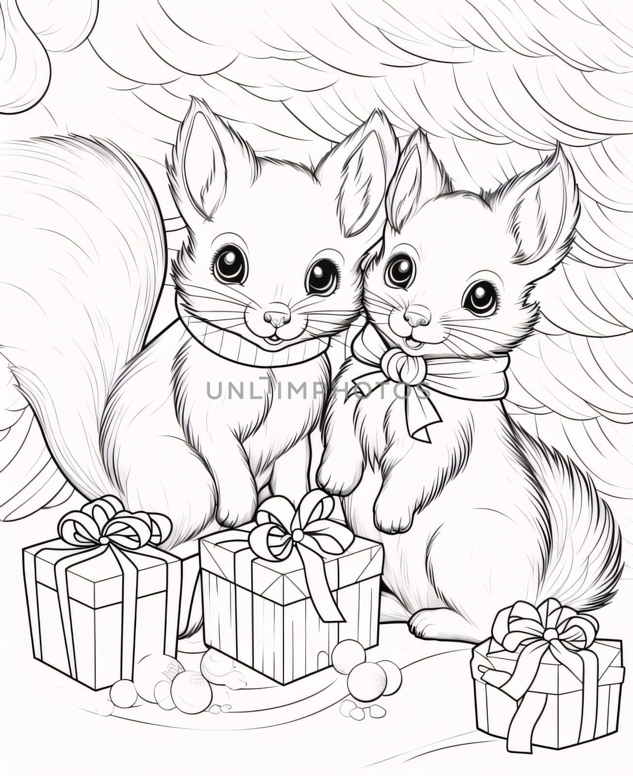 Black and white coloring card: two squirrels and gifts. Gifts as a day symbol of present and love. by ThemesS