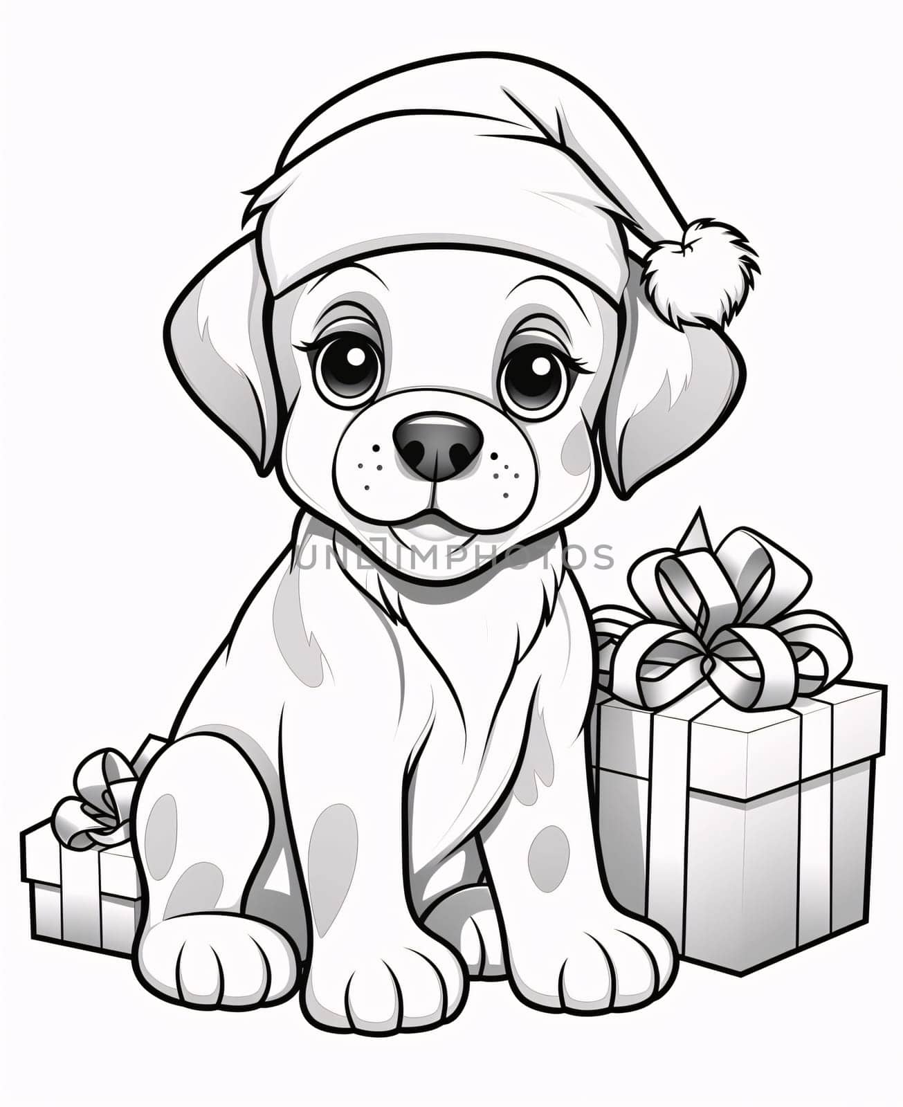 Black and white coloring card: doggie and gifts with bows. Gifts as a day symbol of present and love. A time of falling in love and love.