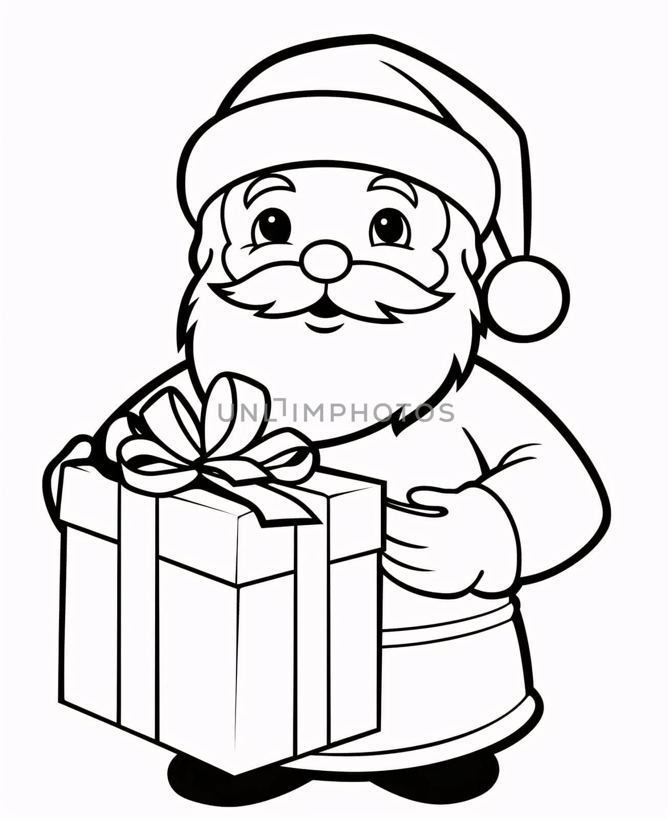 Black and white coloring sheet: Santa Claus with a gift. Gifts as a day symbol of present and love. A time of falling in love and love.