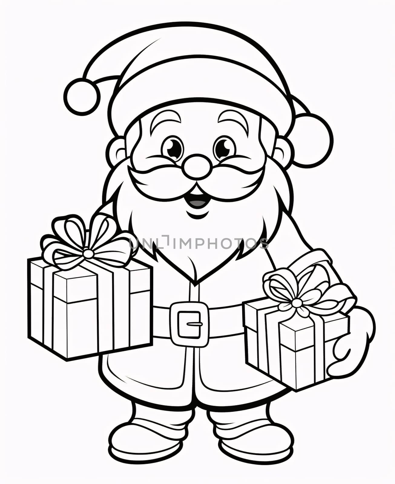 Black and white coloring sheet: Santa Claus with presents. Gifts as a day symbol of present and love. A time of falling in love and love.