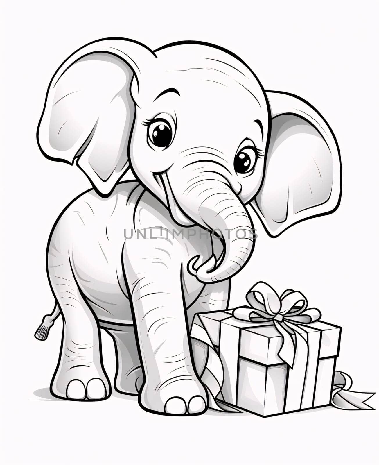 Black and white coloring sheet: Elephant with a gift. Gifts as a day symbol of present and love. A time of falling in love and love.
