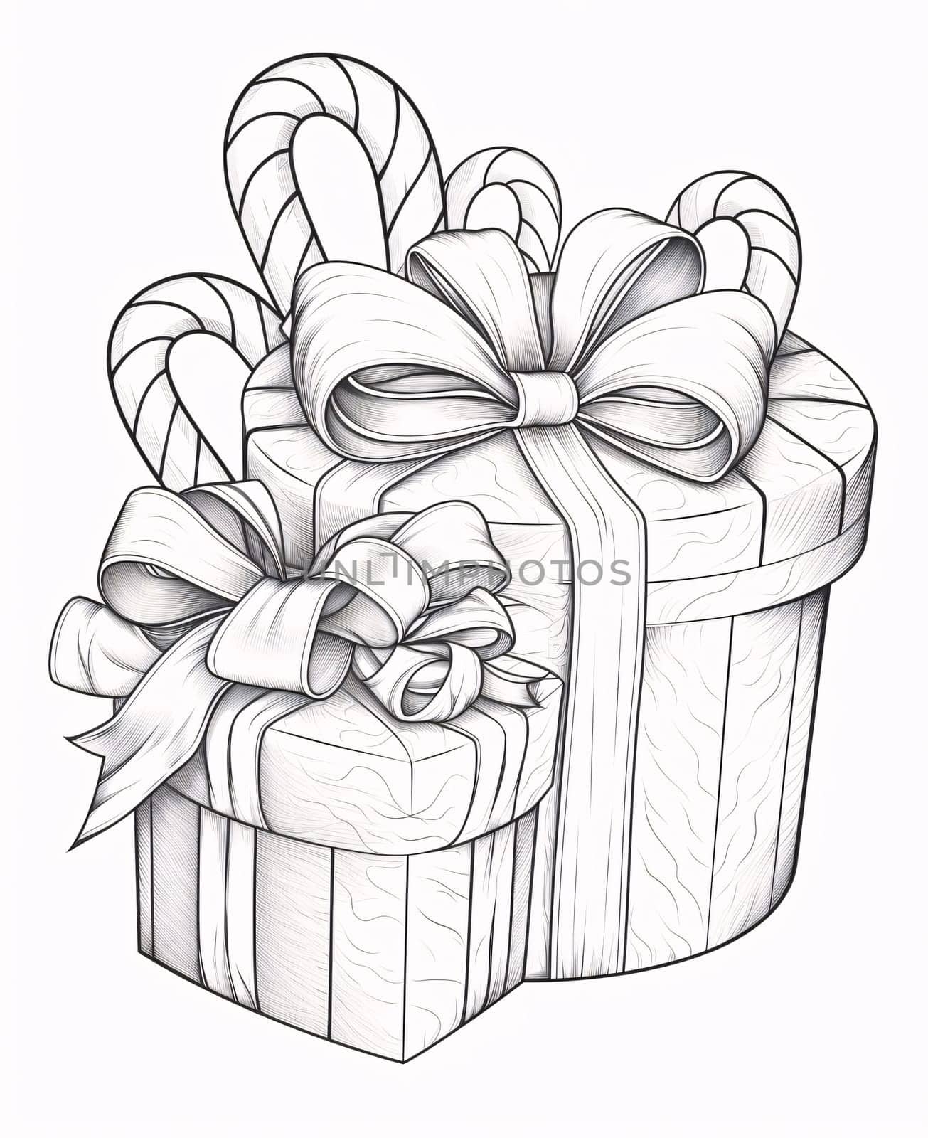 Black and white coloring card: gifts with bows and sticks. Gifts as a day symbol of present and love. by ThemesS