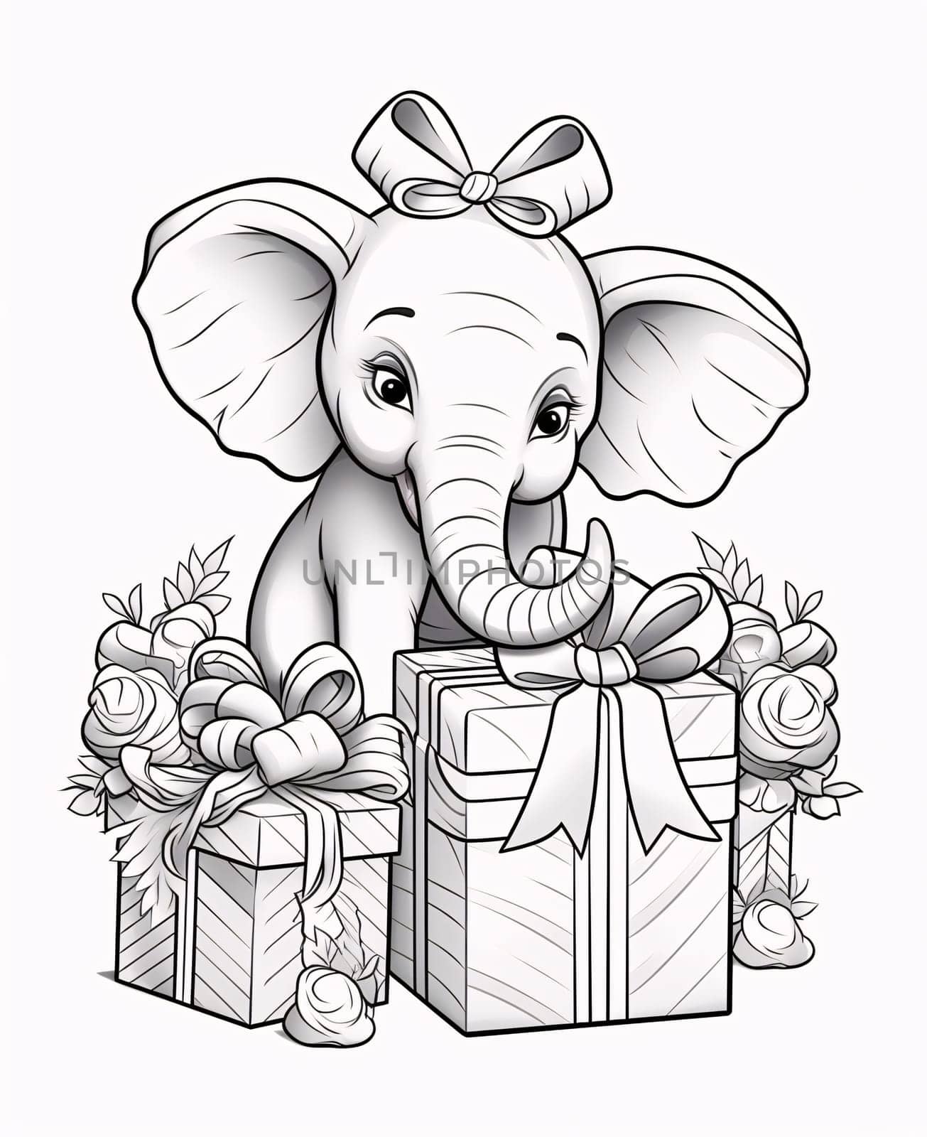 Black and white coloring sheet: Elephant with a gift. Gifts as a day symbol of present and love. by ThemesS