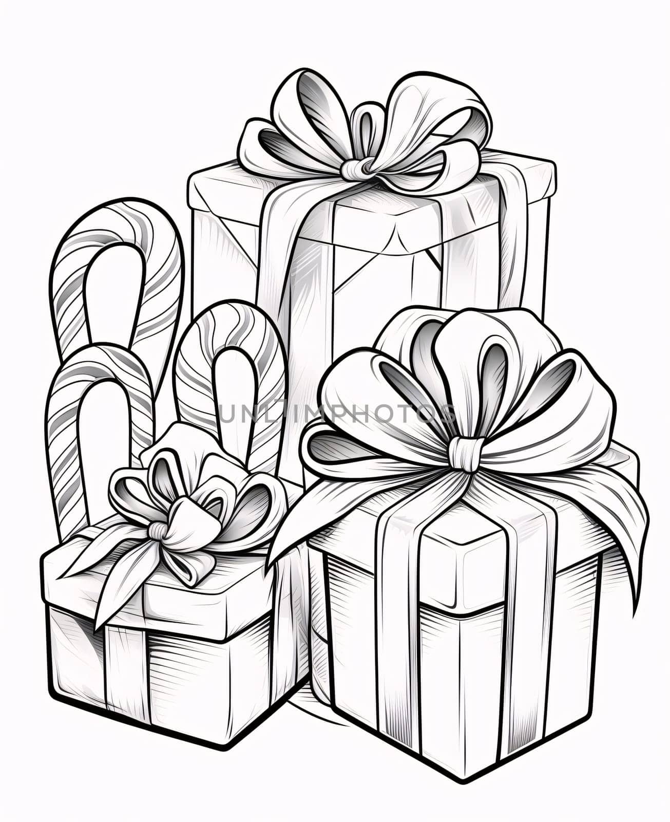 Black and white coloring card: gifts with bows and sticks. Gifts as a day symbol of present and love. by ThemesS