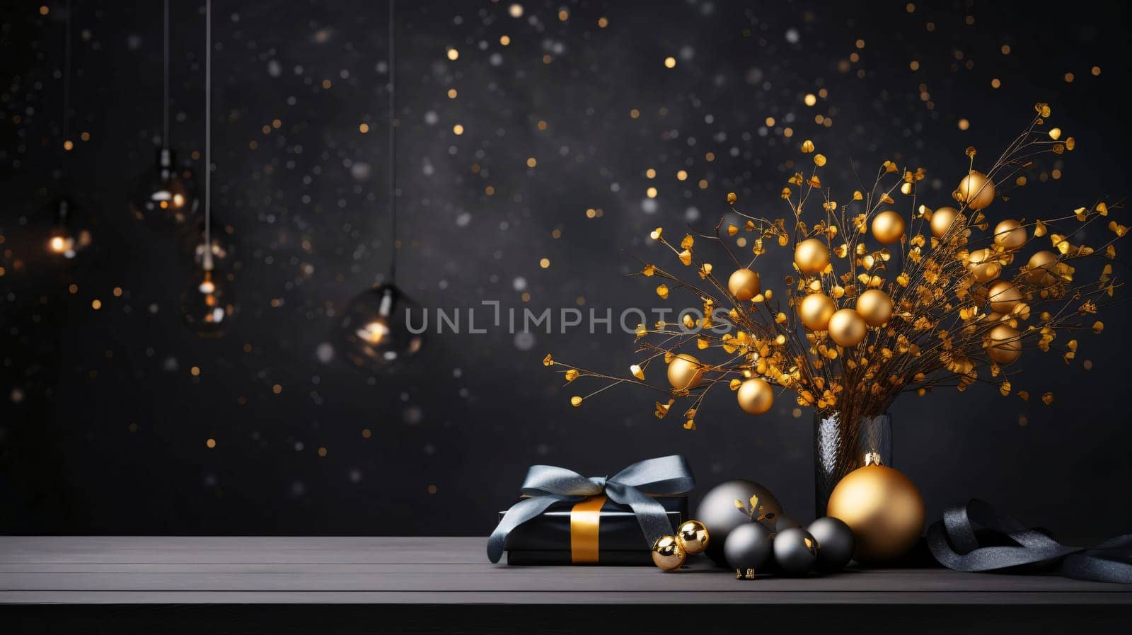 Wooden table top, Black gift with Cocard, golden black baubles and dry flowers, black background.Valentine's Day banner with space for your own content. Heart as a symbol of affection and love.