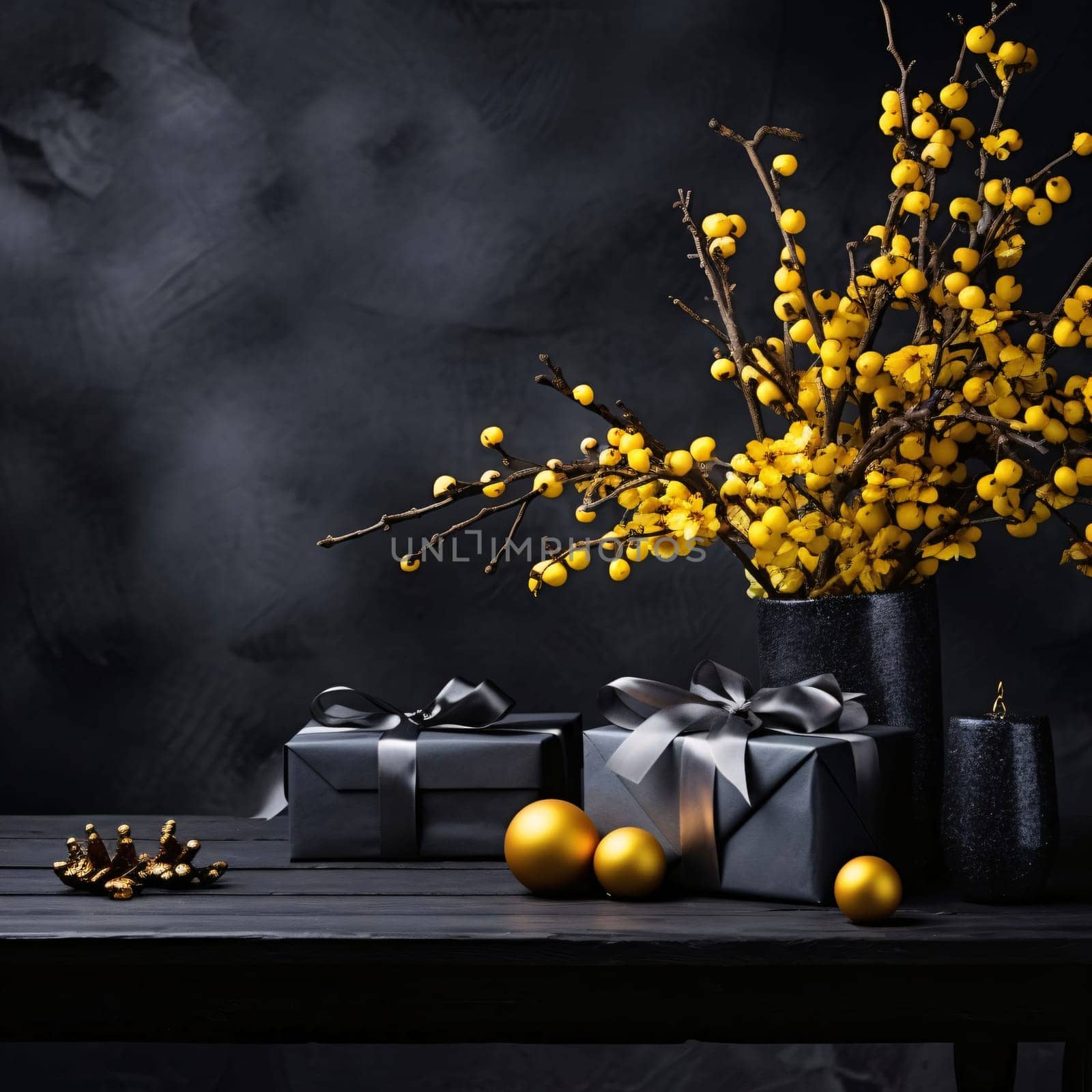 Wooden table top, Black gift with Cocard, golden baubles and dry yellow flowers, black background.Valentine's Day banner with space for your own content. Heart as a symbol of affection and love.