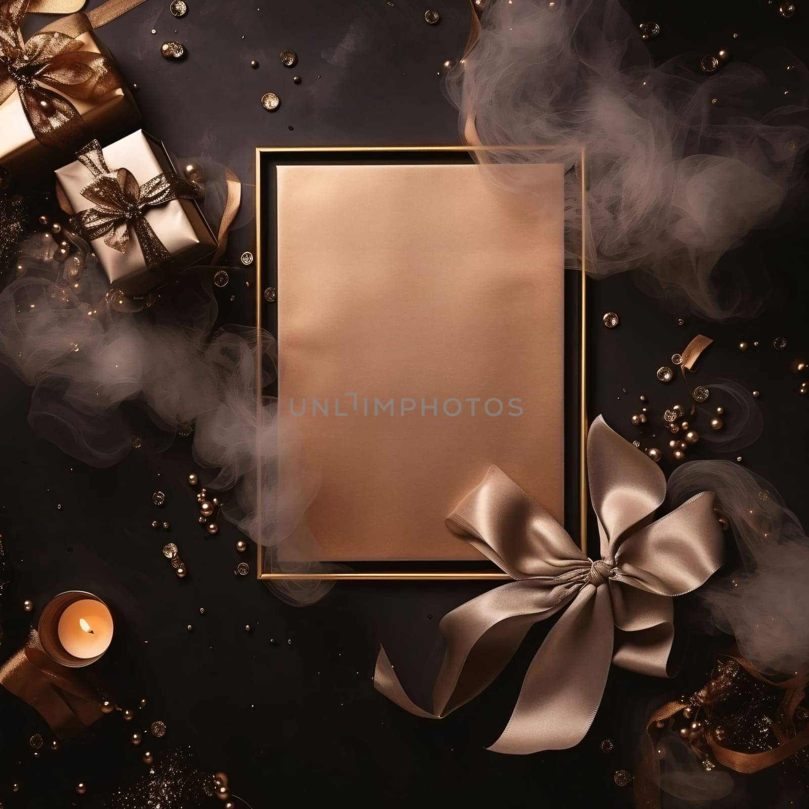 Gold blank card decorated with bows, candle, gold confetti gifts. Space for your own content. Gifts as a day symbol of present and love. A time of falling in love and love.