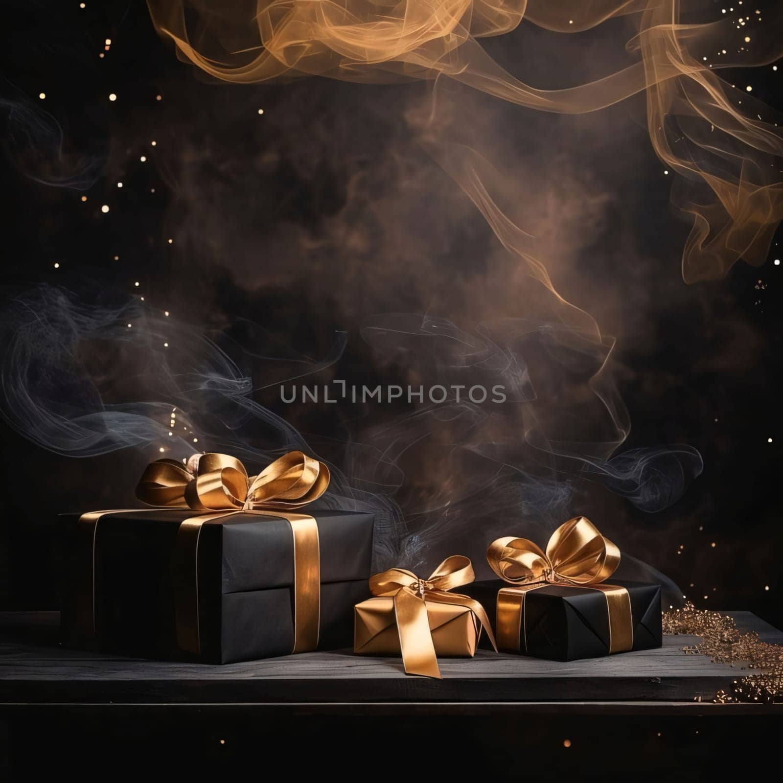 Black gold gifts with gold bows in the background colorful smoke couple. Dark background. Gifts as a day symbol of present and love. A time of falling in love and love.
