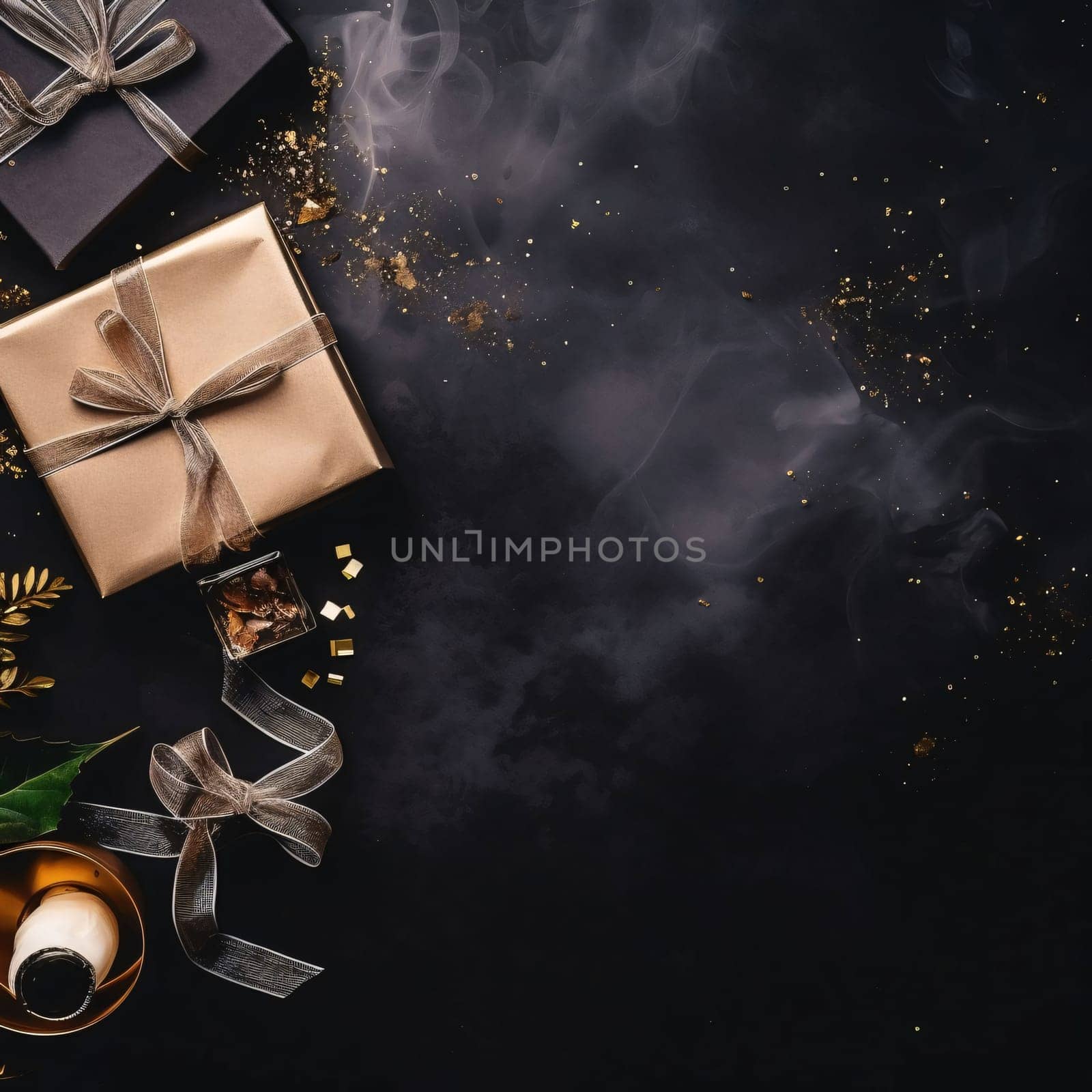 Top view of gifts, treasures scattered gold confetti dust. Dark background. Gifts as a day symbol of present and love. A time of falling in love and love.