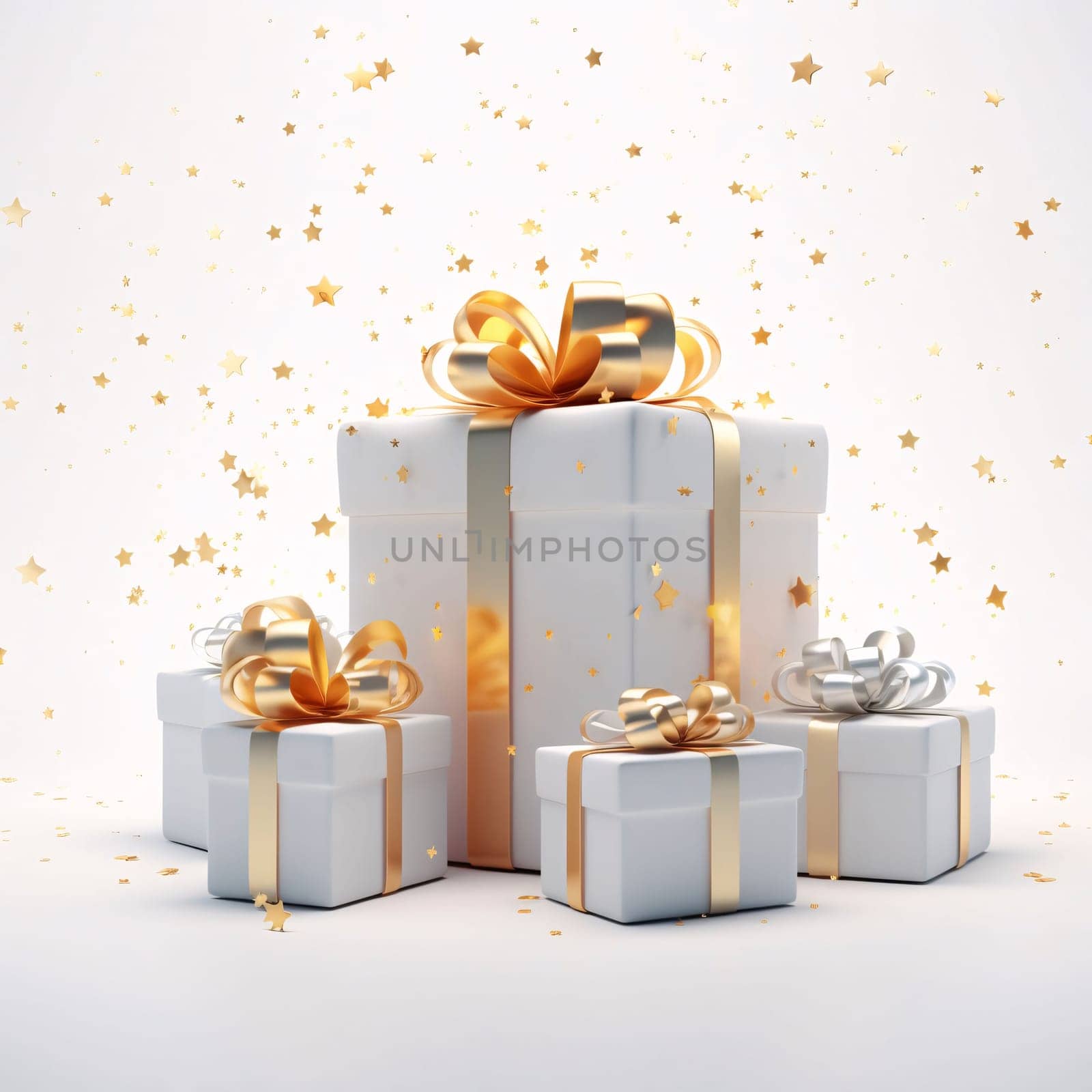White gifts with gold bows around confetti star white background. Gifts as a day symbol of present and love. A time of falling in love and love.