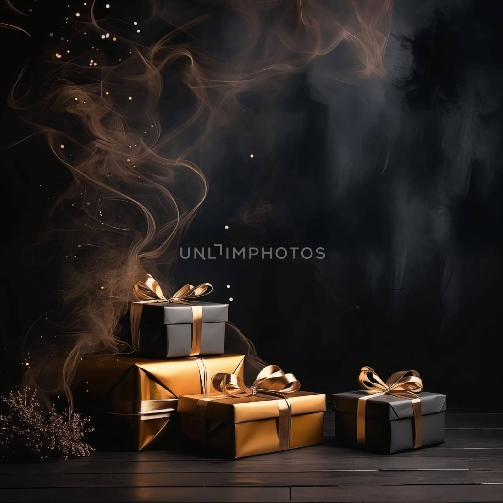 Black gold gifts with gold bows in the background colorful smoke couple. Dark background. Gifts as a day symbol of present and love. by ThemesS