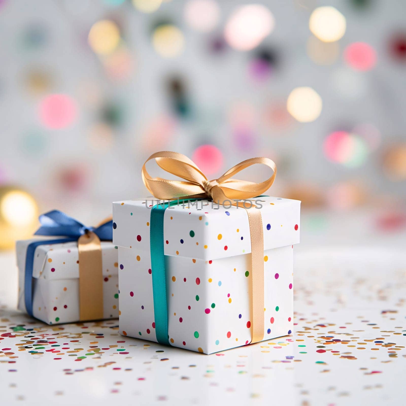 Small white gifts in colorful dots with bows around scattered confetti, smudged background. Gifts as a day symbol of present and love. A time of falling in love and love.