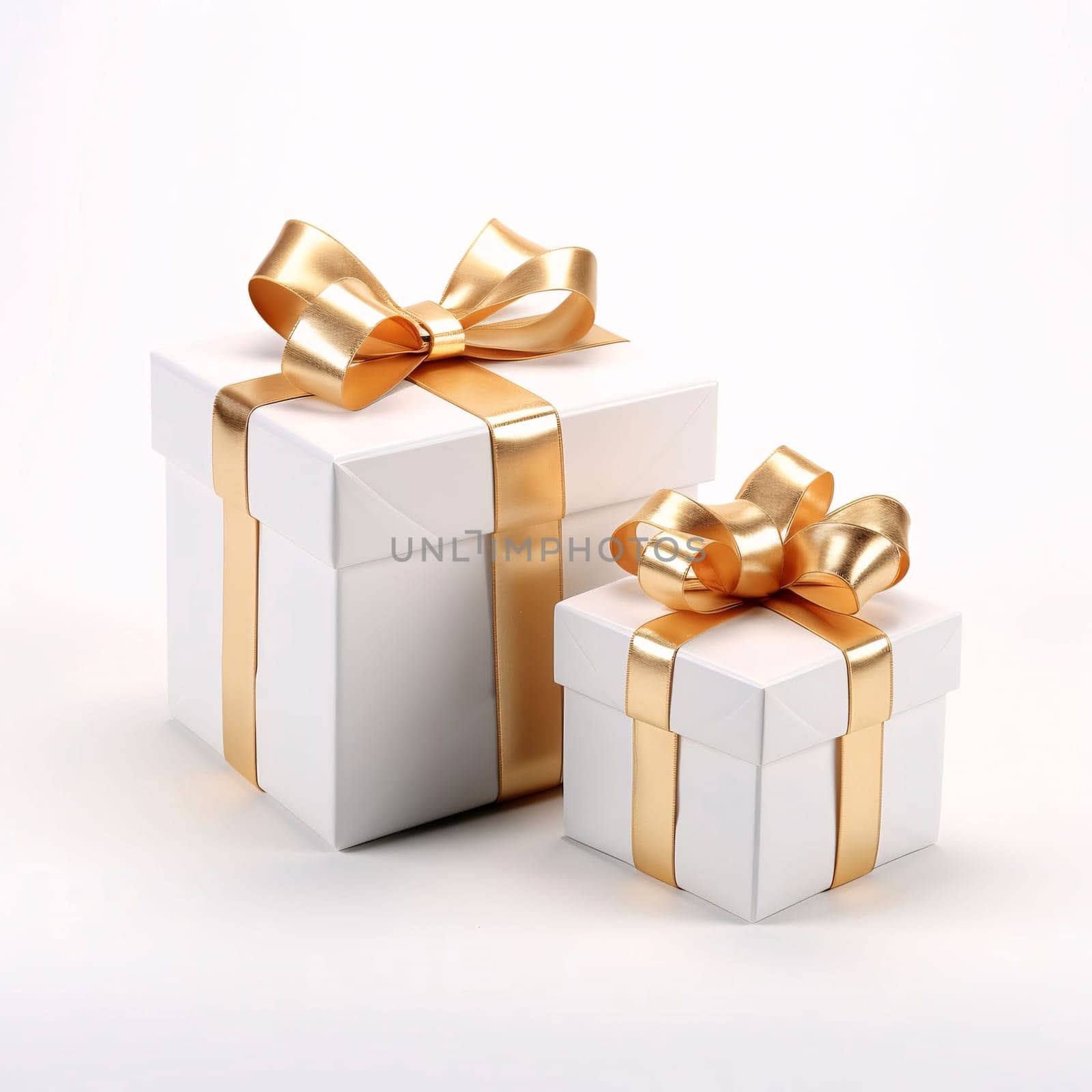 Two white gifts with gold bows, white background. Gifts as a day symbol of present and love. by ThemesS