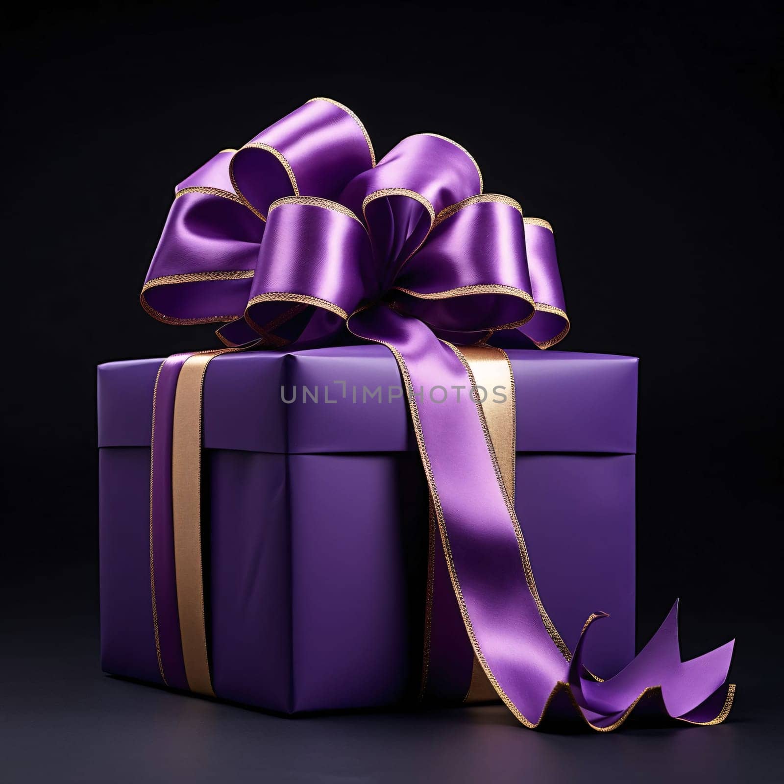 Purple gift box with a bow on a dark background. Gifts as a day symbol of present and love. by ThemesS