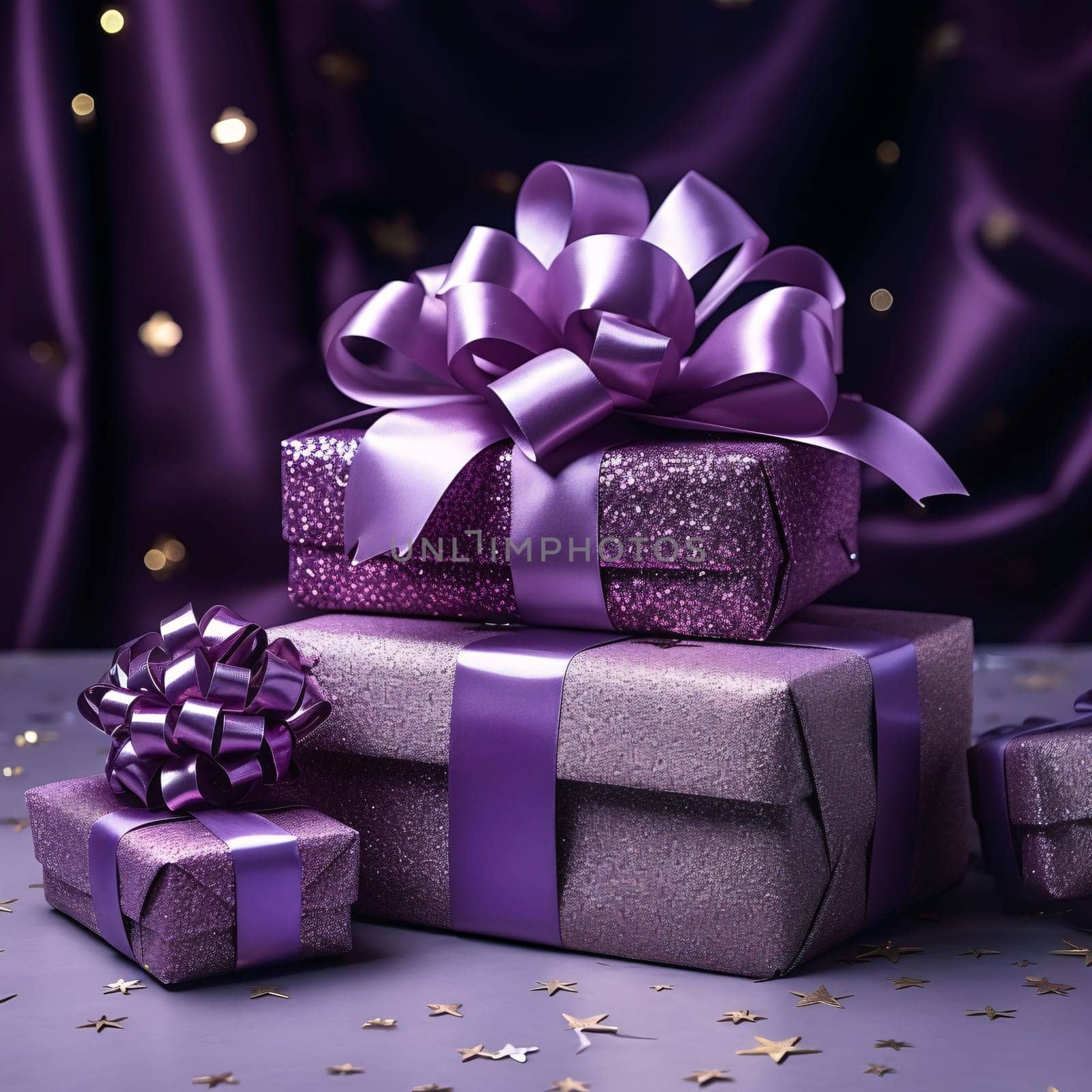 Purple boxes, gifts with bows on purple dark background. Gifts as a day symbol of present and love. A time of falling in love and love.