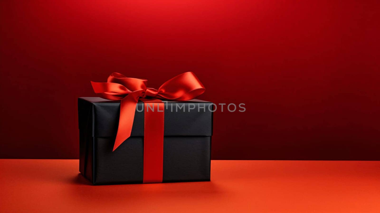 Black box, gift with red bow, red background.Valentine's Day banner with space for your own content. Heart as a symbol of affection and love.