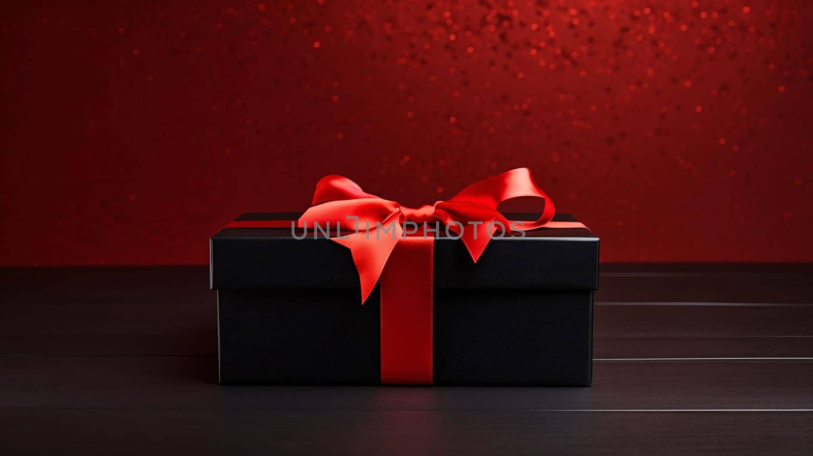 Black box, gift with red bow, red background.Valentine's Day banner with space for your own content. Heart as a symbol of affection and love.