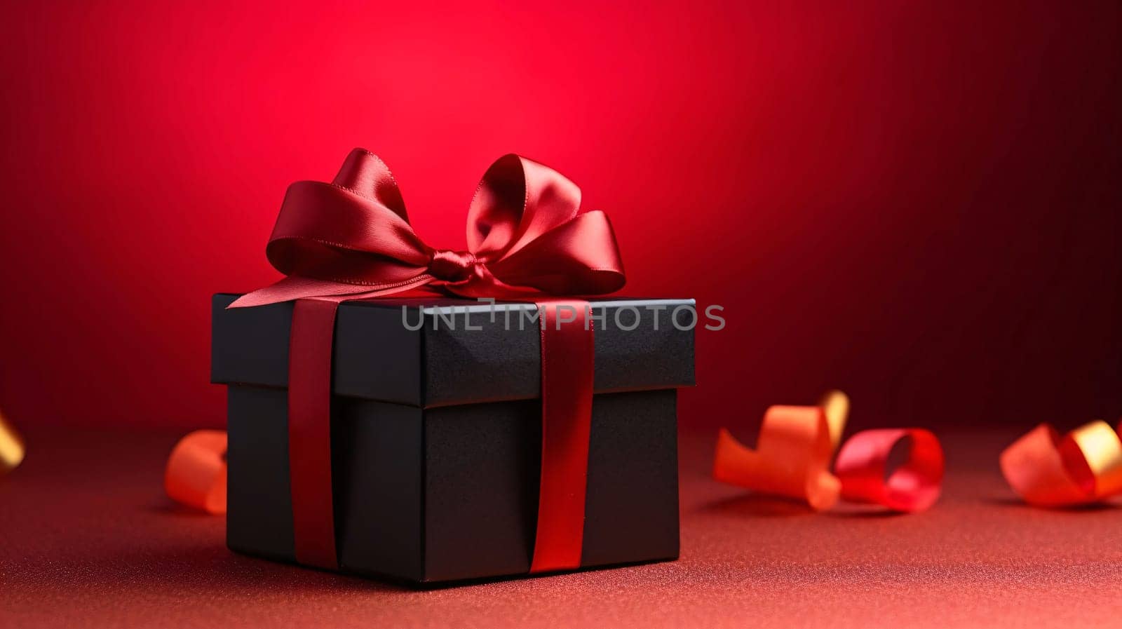 Black box, gift with red bow, red background.Valentine's Day banner with space for your own content. Heart as a symbol of affection and love.