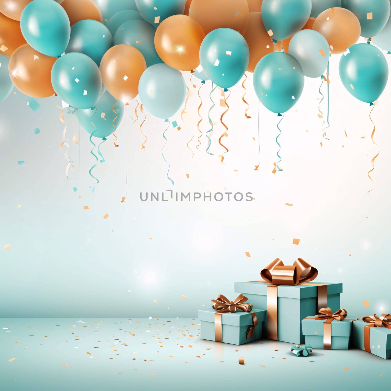 Bright gift boxes with orange bows. Blue and orange balloons, confetti and streamers.Valentine's Day banner with space for your own content. Heart as a symbol of affection and love.