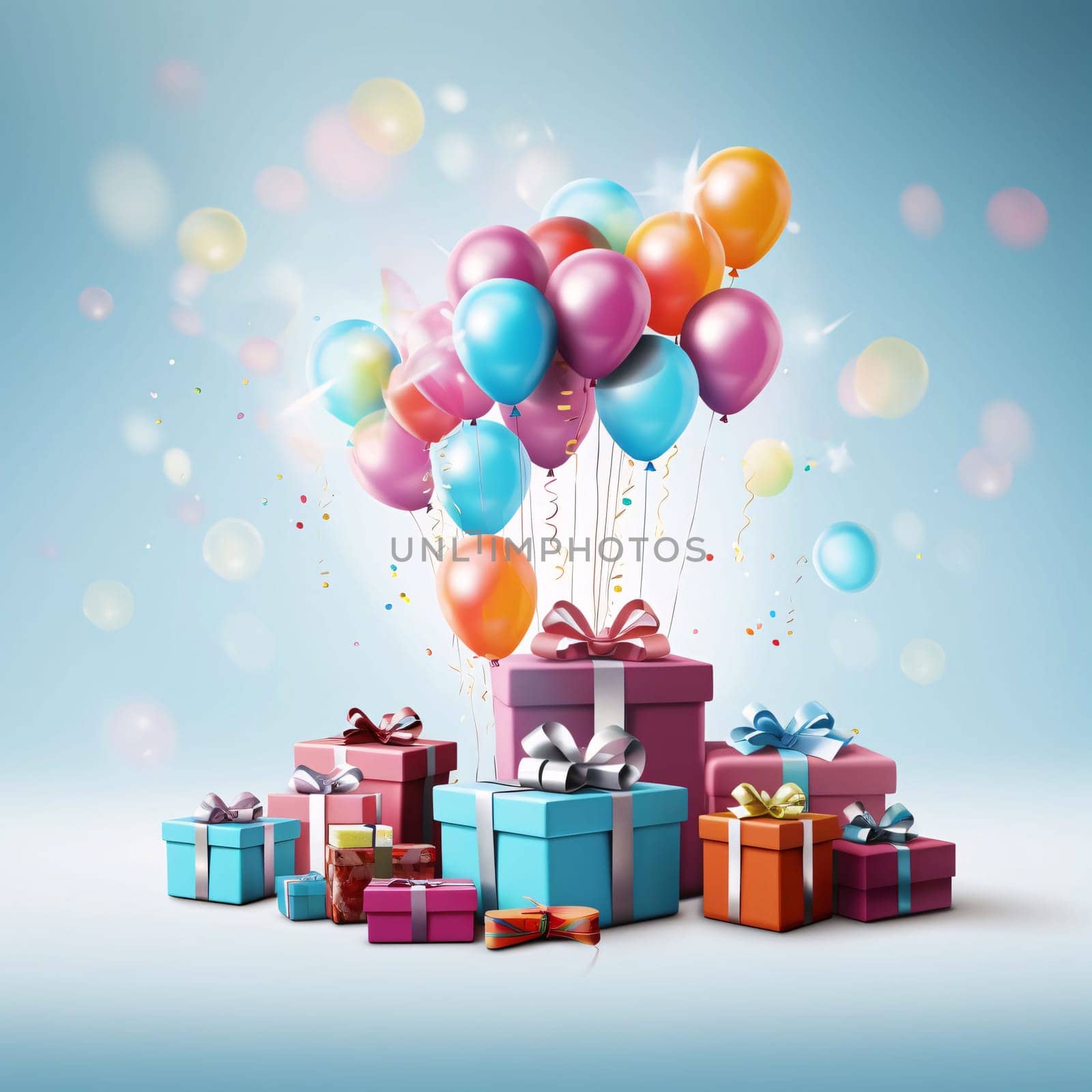 Many colorful gifts with bows, colorful rainbow balloons, blurred background.Valentine's Day banner with space for your own content. Heart as a symbol of affection and love.
