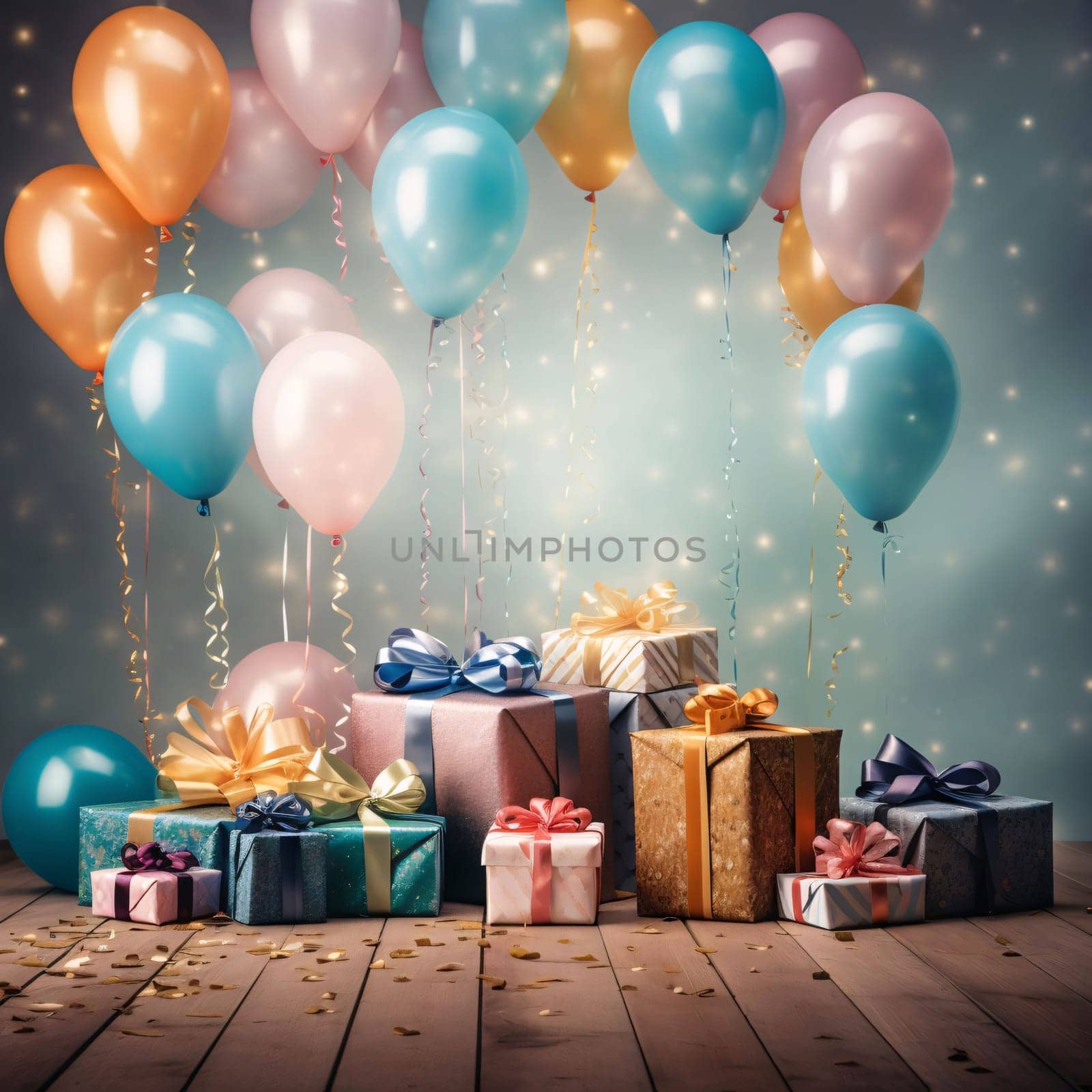 Many colorful gifts with bows, colorful rainbow balloons, blurred background.Valentine's Day banner with space for your own content. by ThemesS