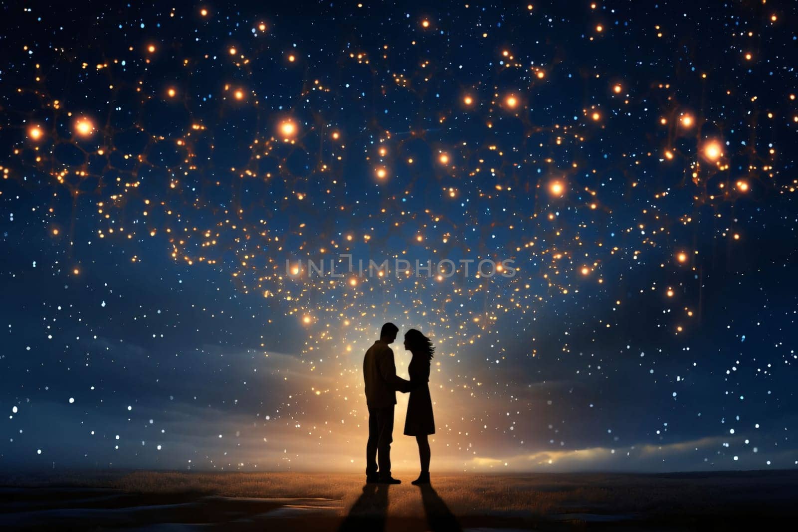 Silhouette of a man and woman couple in love against a background of sunset, dust stars. Against the background of the sky. Valentine's Day as a day symbol of affection and love. The time of falling in love and love.