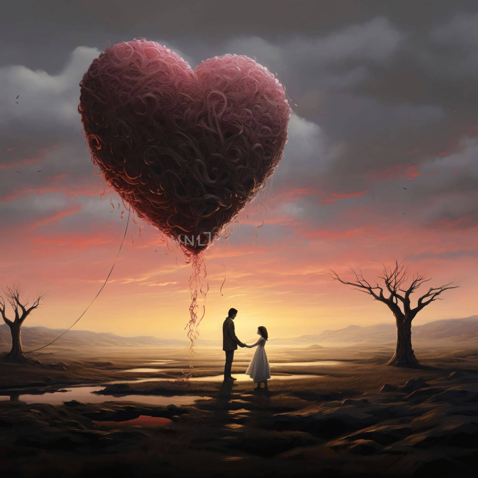 An older man or having a young girl around an empty clearing dry trees in the sky a heart. Valentine's Day as a day symbol of affection and love. A time of falling in love and love.