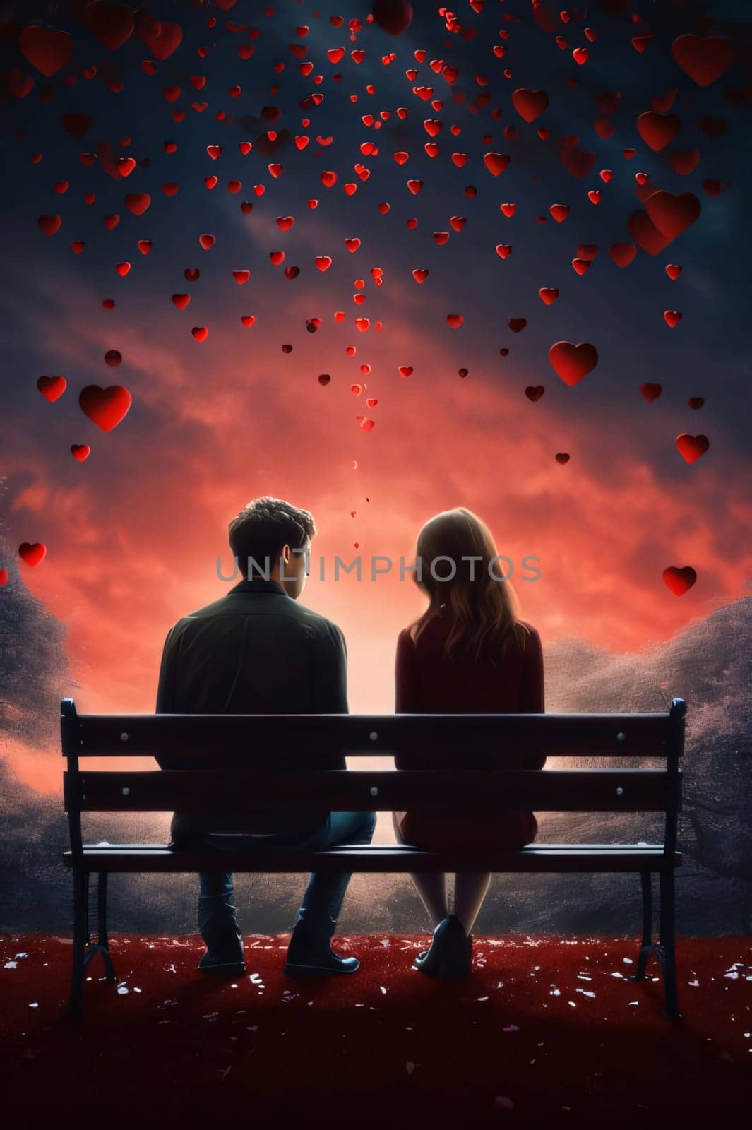 Couple in love boy and girl sitting on a bench in front of them red heart in the sky. Valentine's Day as a day symbol of affection and love. by ThemesS