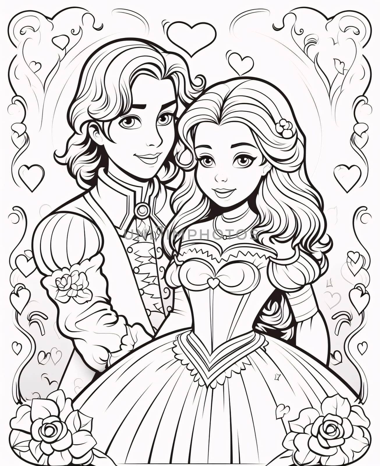 Black and white coloring sheet, a young prince and a princess. Valentine's Day as a day symbol of affection and love. by ThemesS