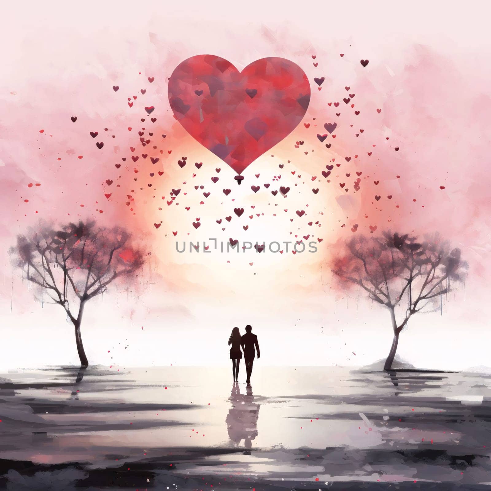 Silhouette of a couple in love around a tree at the top of a large heart. Valentine's Day as a day symbol of affection and love. by ThemesS