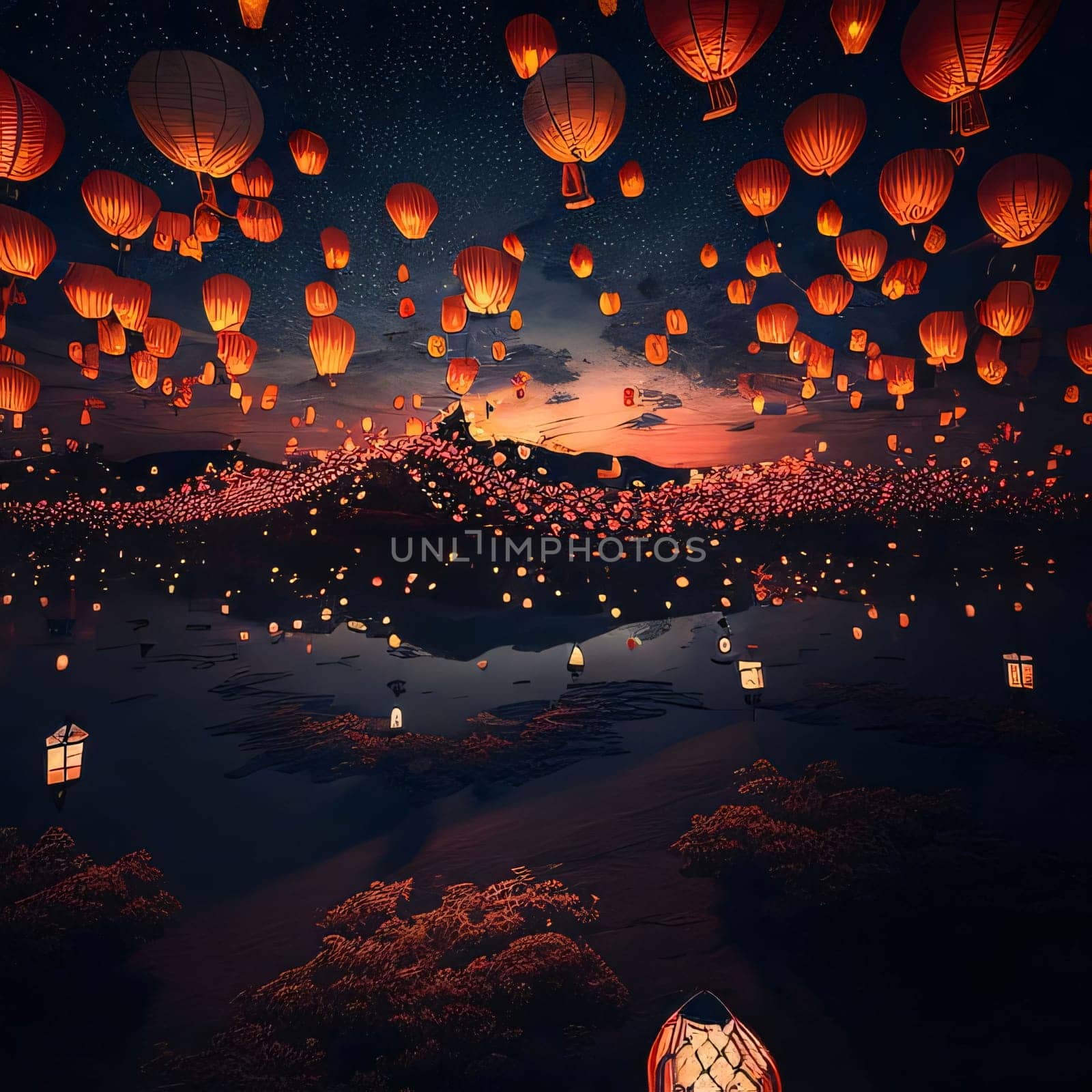 Illustration of sunset and hanging hundreds of Chinese lanterns. Chinese New Year celebrations. A time of celebration and resolutions.