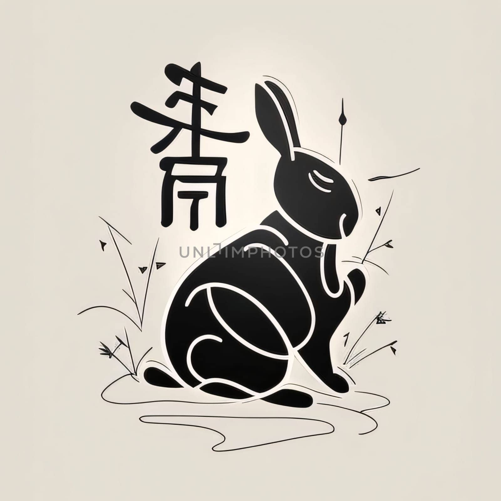 Logo illustration of black and white Chinese bunny with inscription. Chinese New Year celebrations. by ThemesS