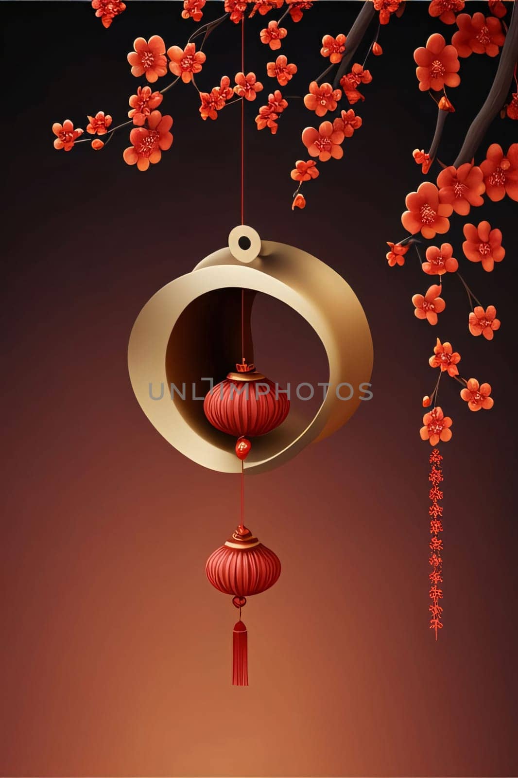 Red decorated Chinese lantern and branches with colorful buds. Chinese New Year celebrations. A time of celebration and resolutions.