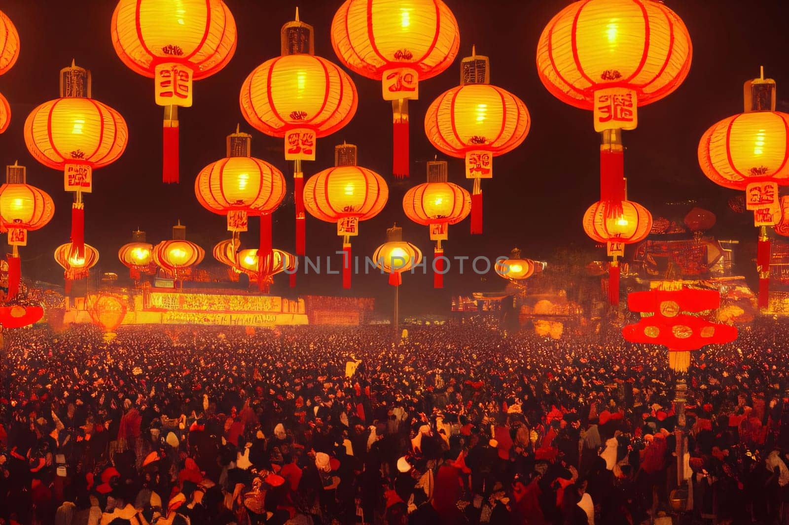 Gathered thousands of people and hanging colorful red, orange lanterns. Chinese New Year celebrations. A time of celebration and resolutions.