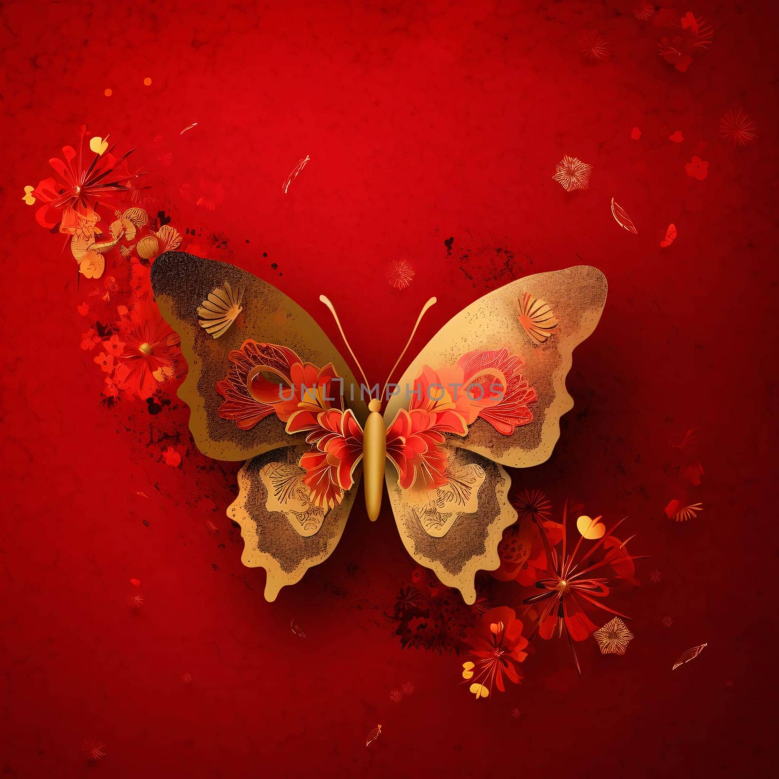 Colorful red butterfly on red background, top view. Chinese New Year celebrations. by ThemesS