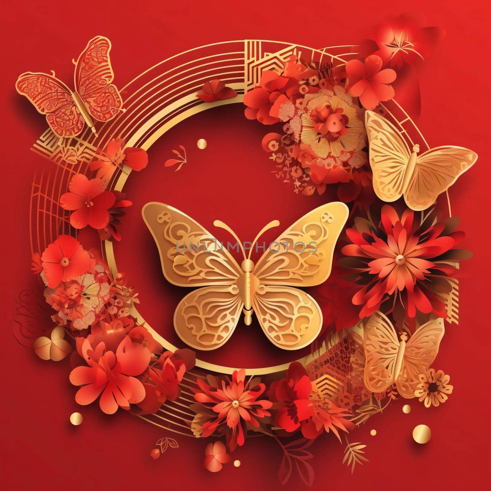 Gold butterflies in a circle decoration with red flowers, red background. Chinese New Year celebrations. A time of celebration and resolutions.