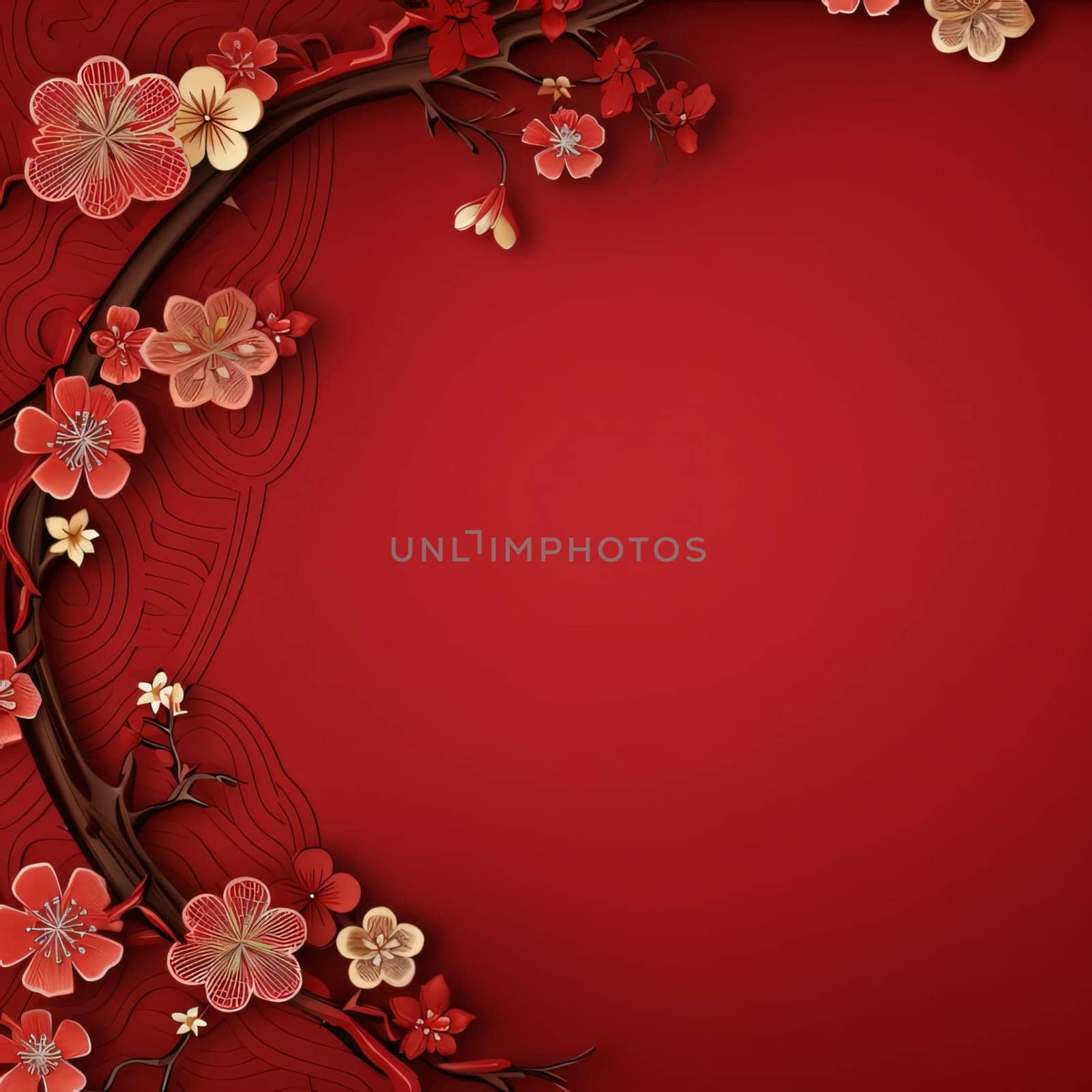 Red background with blossom. Place for your content. Chinese New Year celebrations. A time of celebration and resolutions.