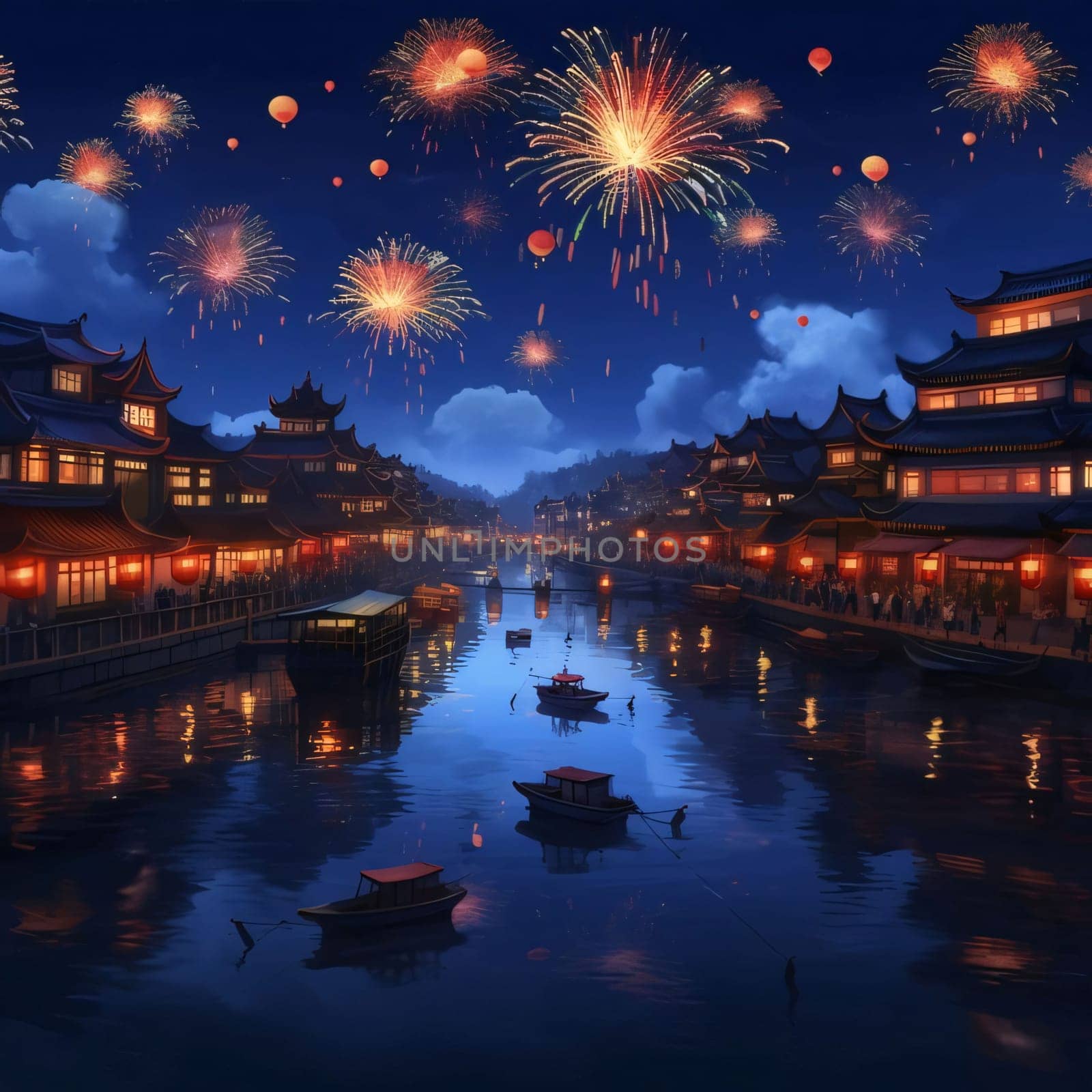 Fireworks explosions in the night sky all around Chinese temples floating boats. Chinese New Year celebrations. A time of celebration and resolutions.