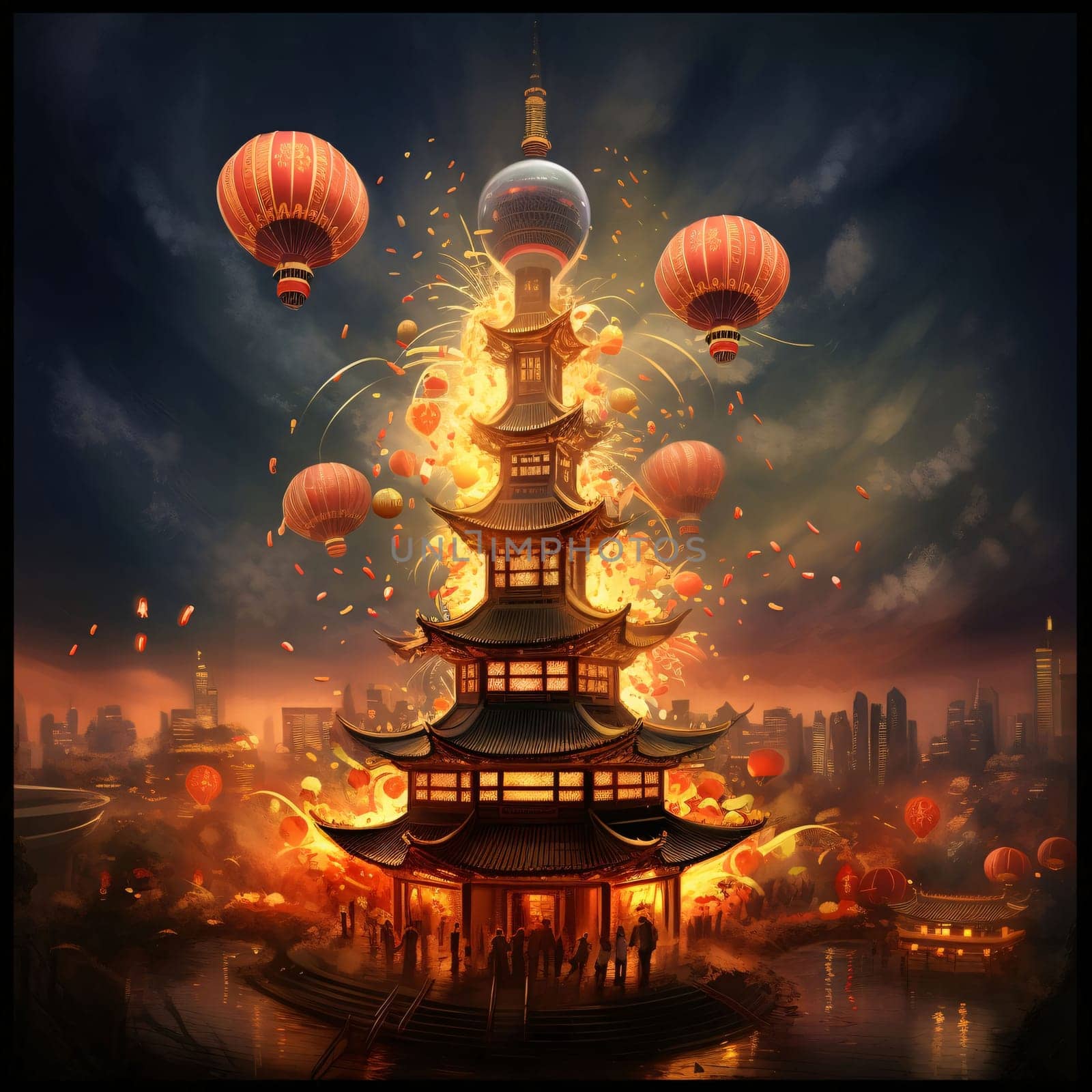 Illustration of a large Chinese temple and lanterns flying out. Chinese New Year celebrations. A time of celebration and resolutions.