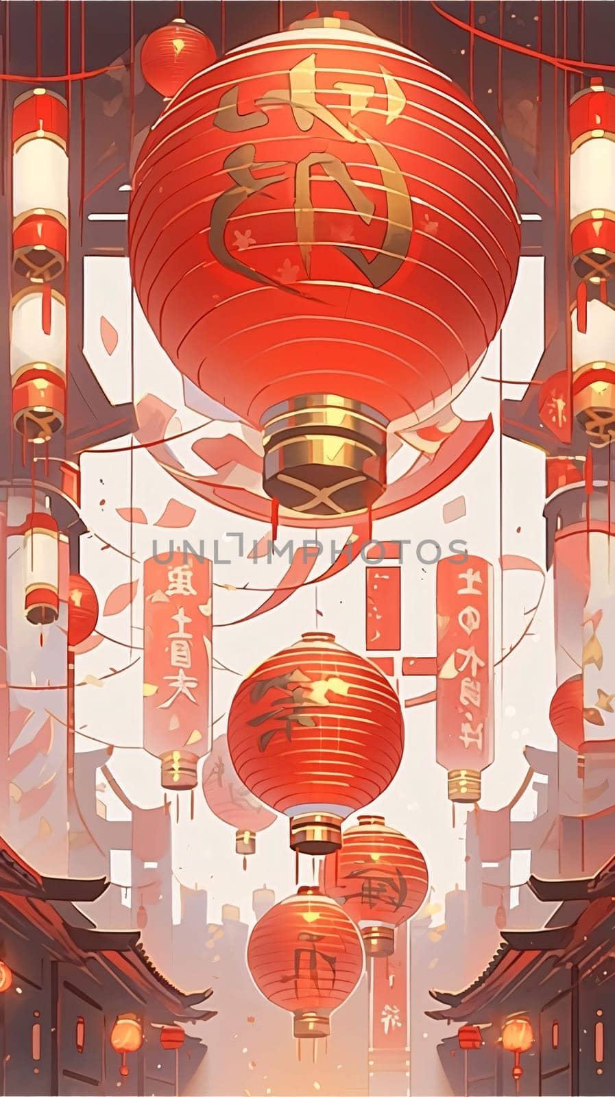 Illustration of red colored Chinese lanterns with inscriptions on white background. Chinese New Year celebrations. A time of celebration and resolutions.