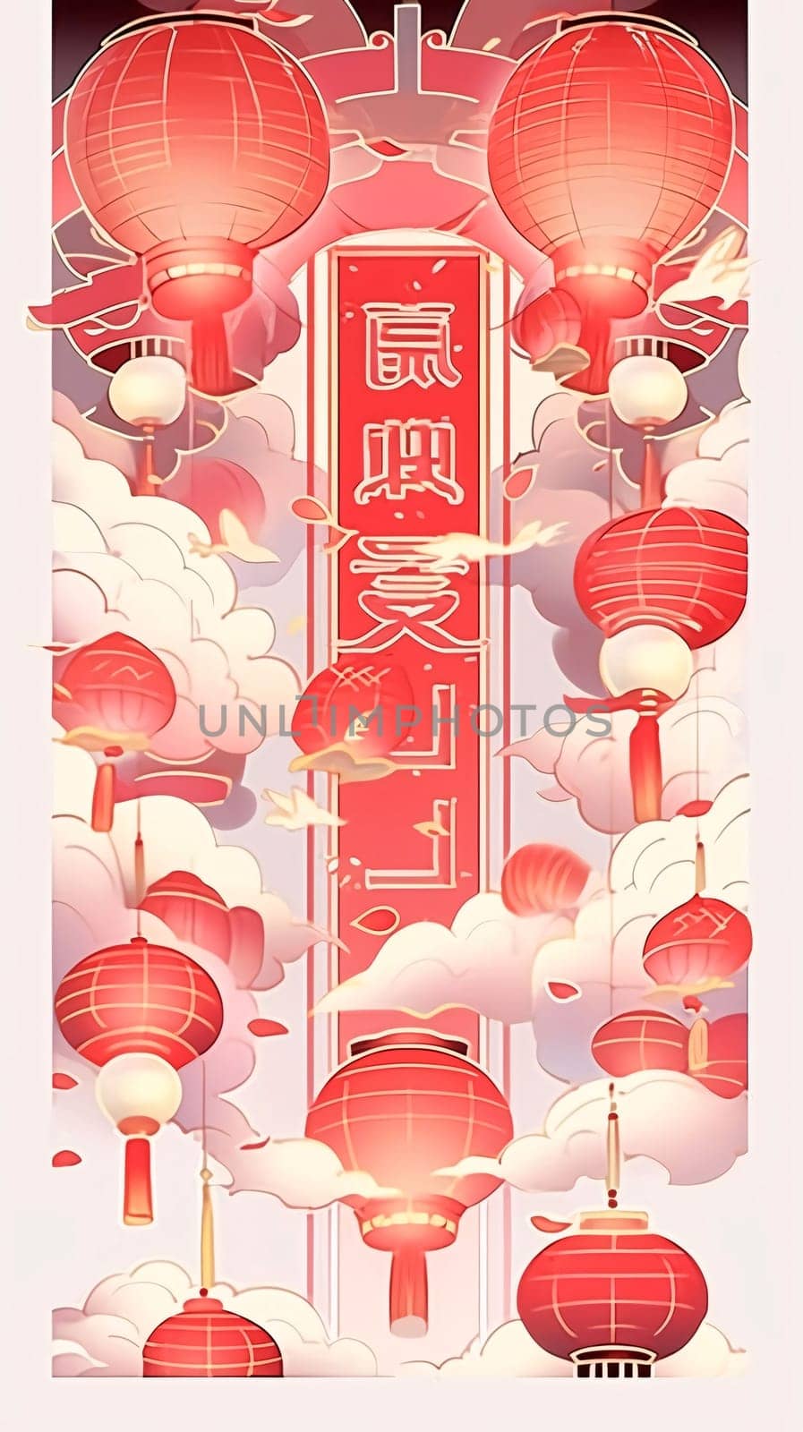 Illustration of red colored Chinese lanterns with inscriptions on white background. Chinese New Year celebrations. A time of celebration and resolutions.