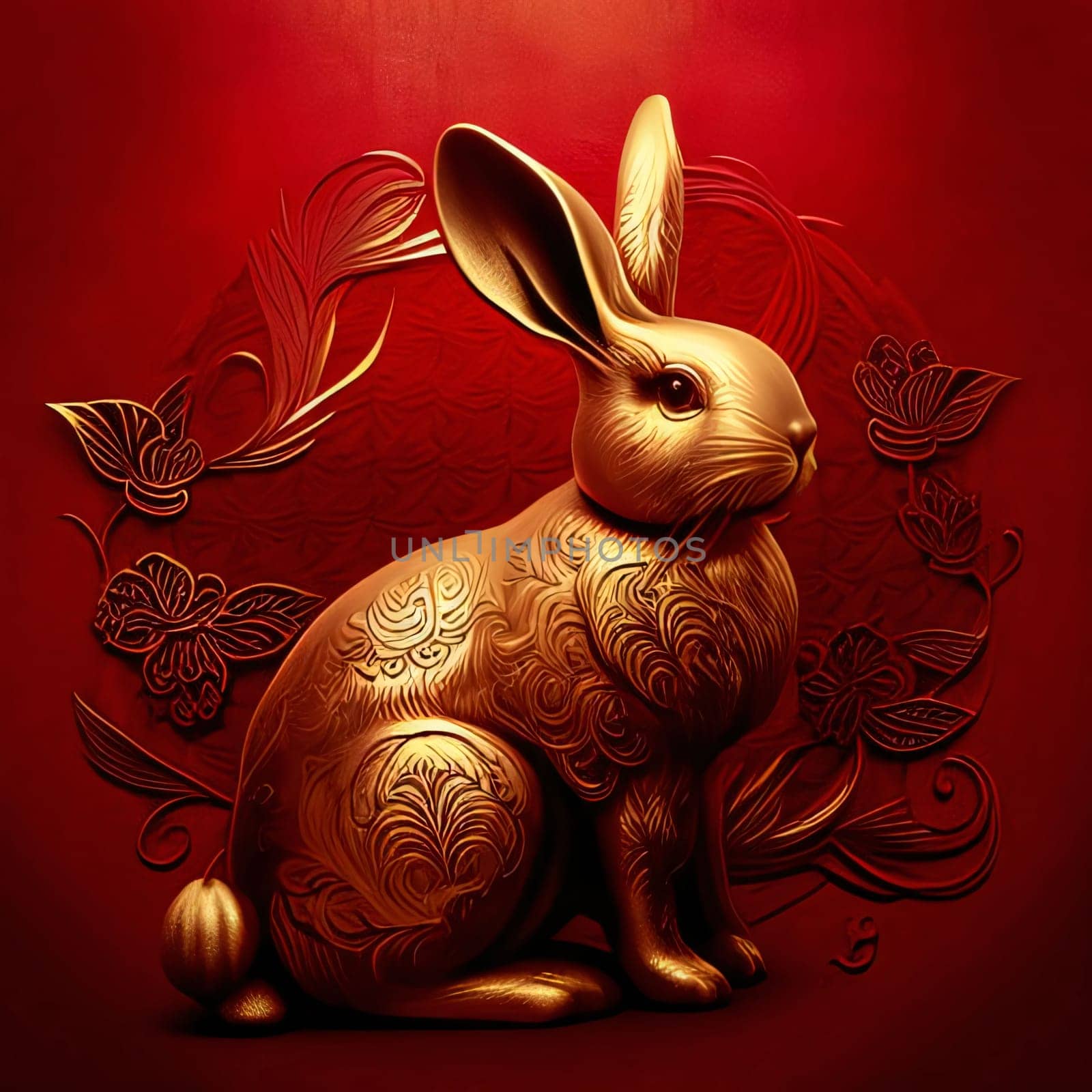 Gold decorated bunny on red background. Chinese New Year celebrations. A time of celebration and resolutions.