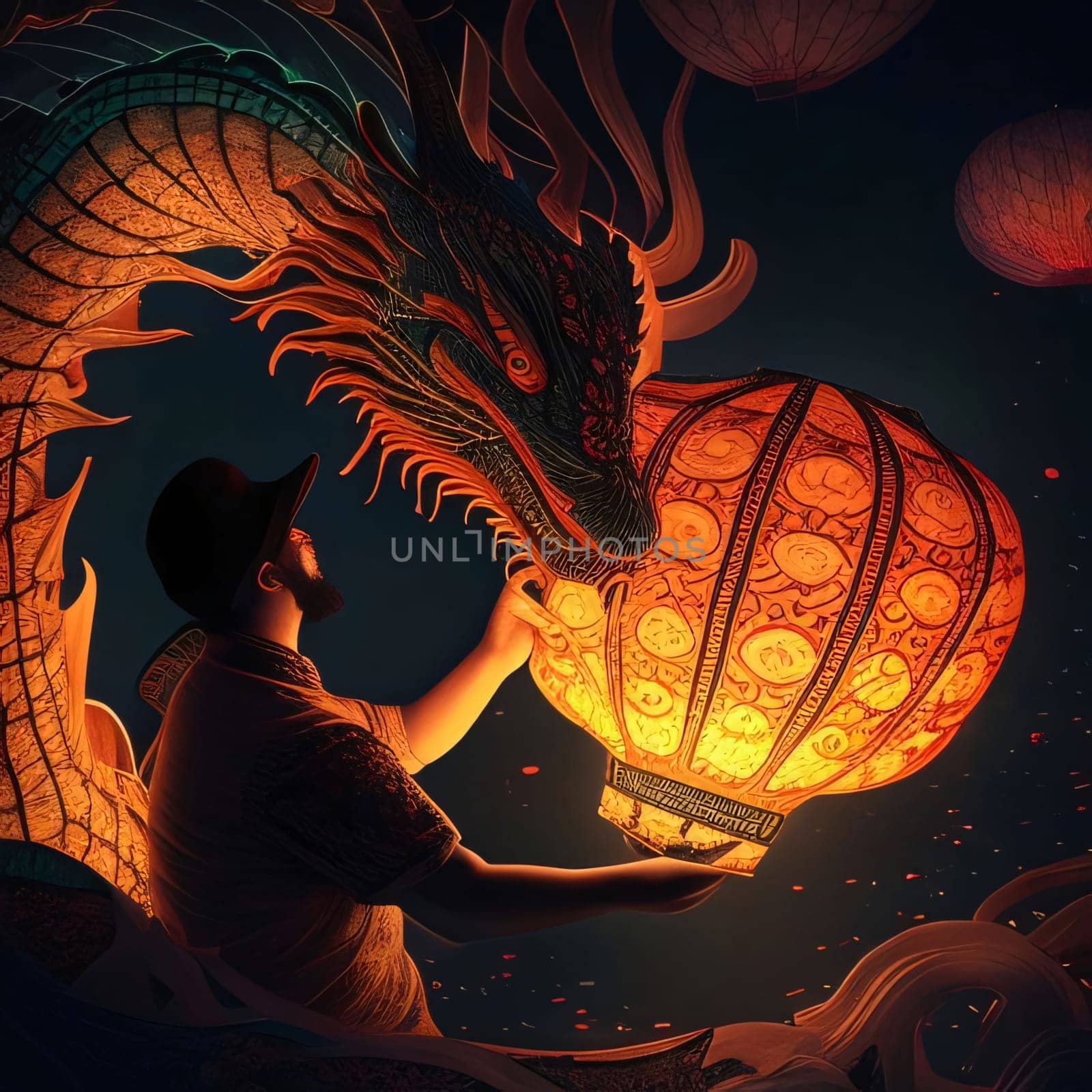 Illustration of a man with a large lantern on in his hand and the head of a dragon. Chinese New Year celebrations. A time of celebration and resolutions.