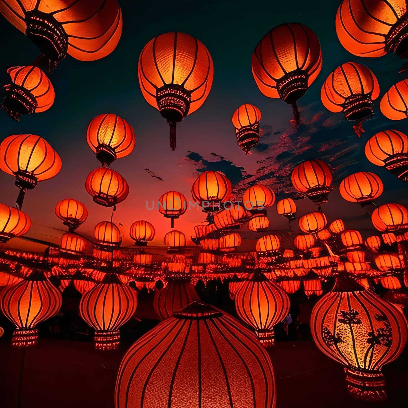 Hundreds of red glowing lanterns drift toward the sky at sunset. Chinese New Year celebrations. by ThemesS